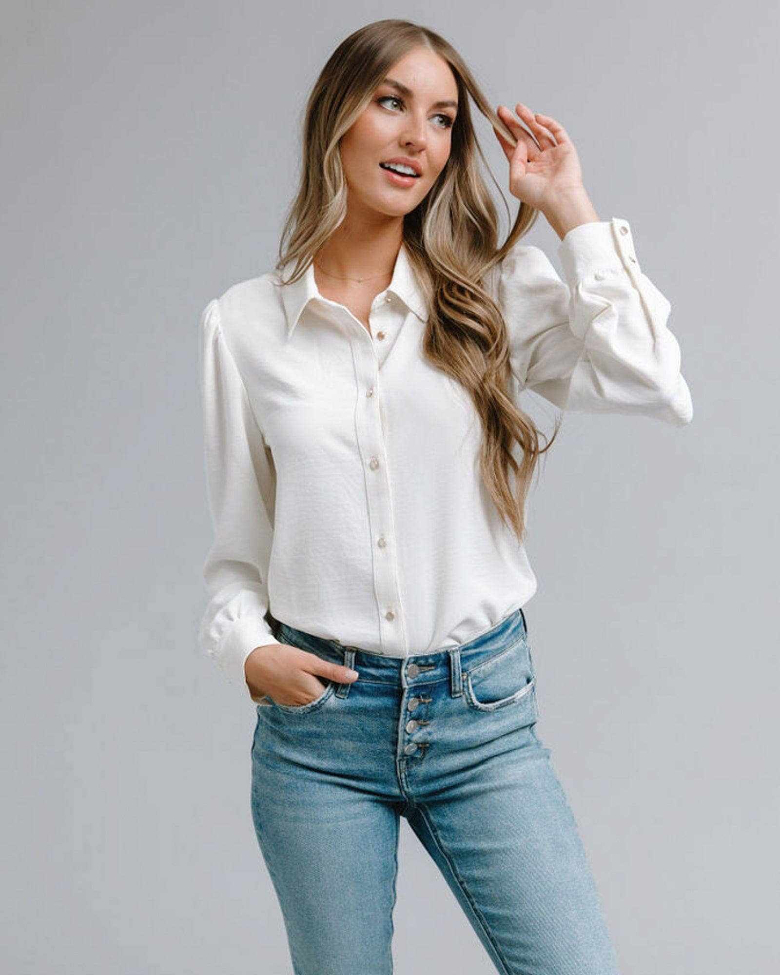 Jovi Blouse White gold buttons long sleeve blouse timeless elegant Jovi Blouse: L / Gardenia - Jennifer Kay Design
